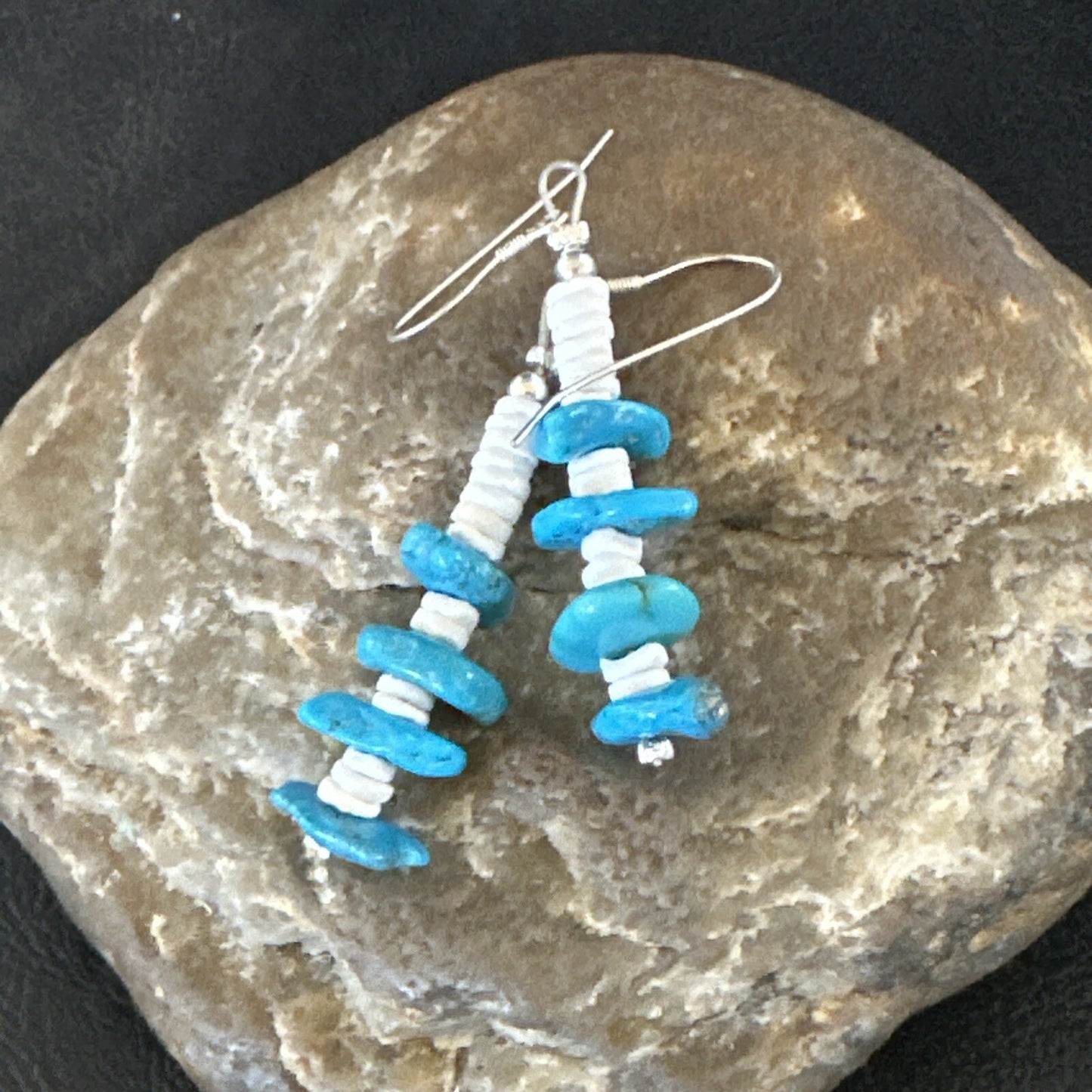 Navajo Blue Kingman Turquoise Nugget Bead Sterling Silver Earrings 17845