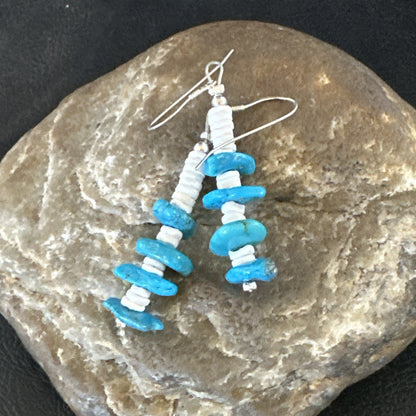 Navajo Blue Kingman Turquoise Nugget Bead Sterling Silver Earrings 17845