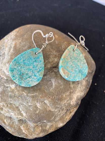Navajo Sterling Silver Slab Turquoise Dangle Earrings 01357