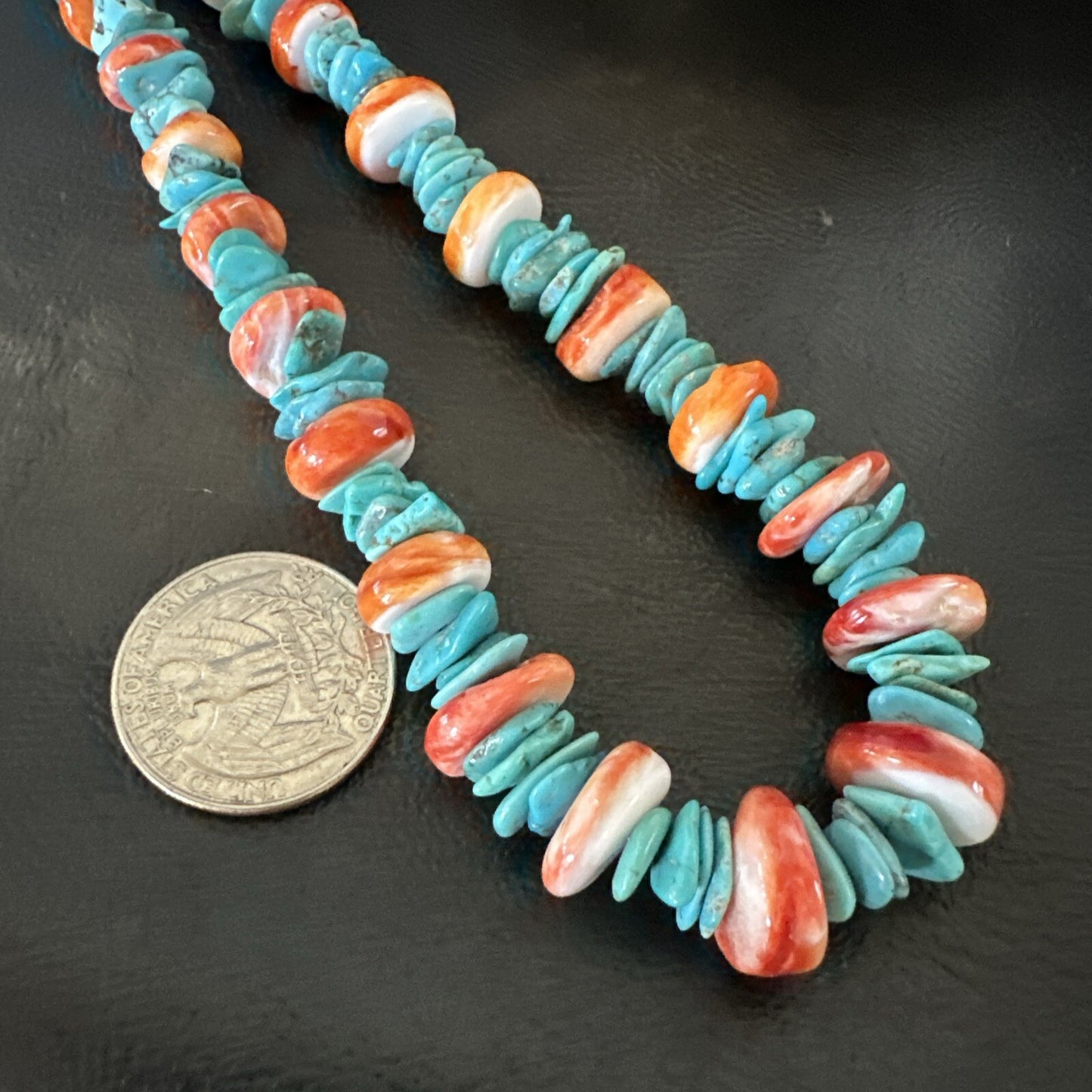Red Spiny Oyster Blue Turquoise Navajo Sterling Silver Necklace 23" 18267