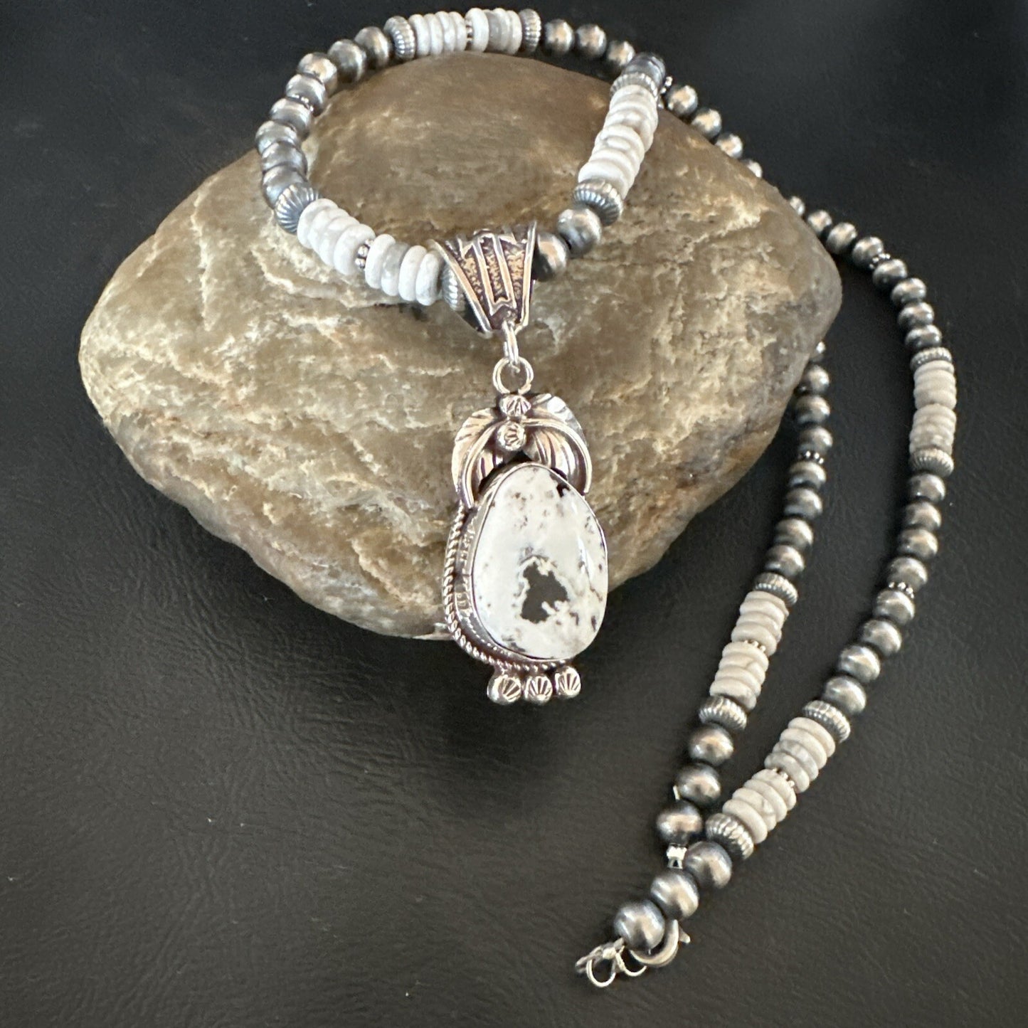 Men Women White Buffalo Turquoise Pendant Navajo Sterling Silver Necklace 17718