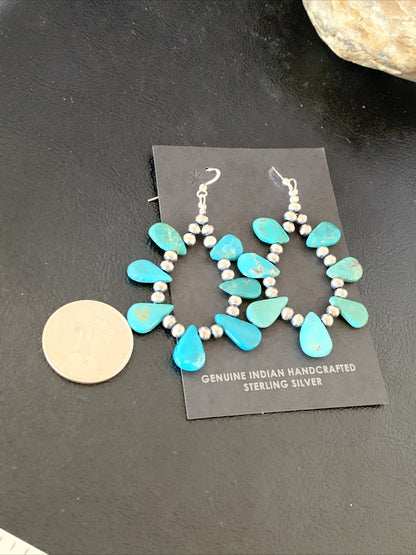 Blue Turquoise Bead Sterling Silver Beads Cluster Earrings 2" 13372N