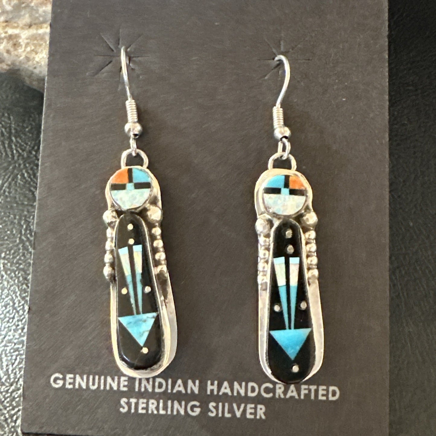 Navajo Onyx Opal Turquoise Inlay Earrings Sterling Silver Handmade 19773