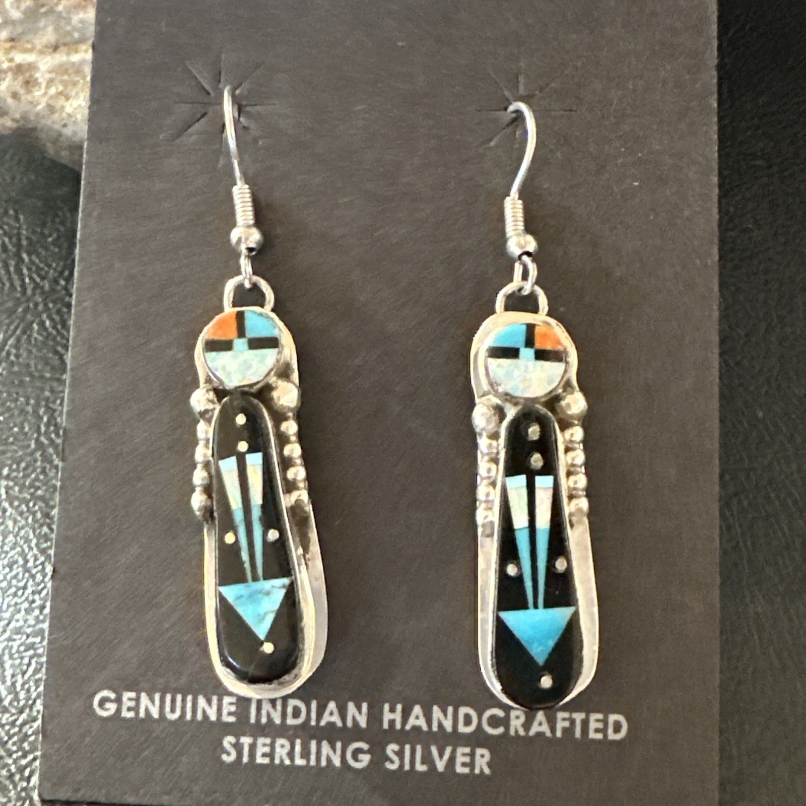 Navajo Onyx Opal Turquoise Inlay Earrings Sterling Silver Handmade 19773