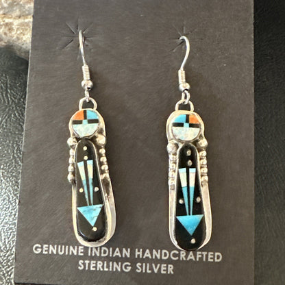 Navajo Onyx Opal Turquoise Inlay Earrings Sterling Silver Handmade 19773