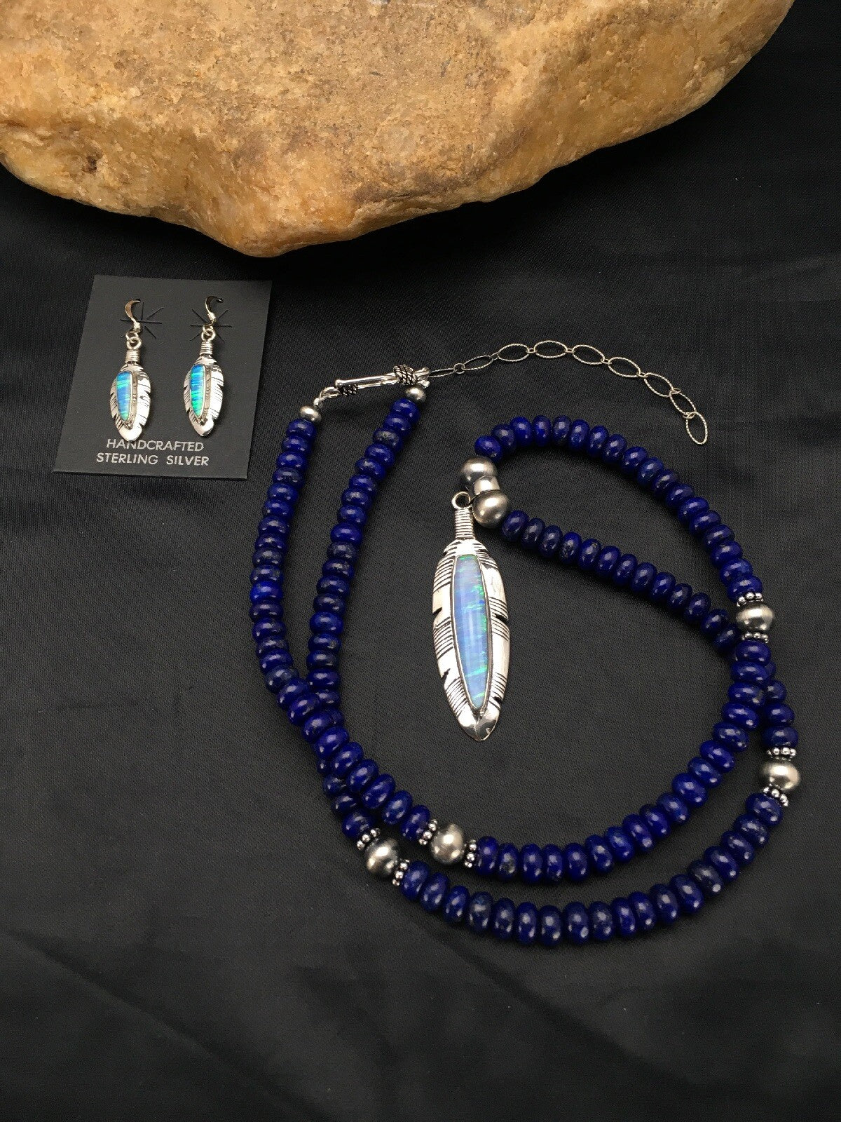 Opal Pendant Lapis Navajo Sterling Silver Beads Necklace & Earring 21" 02798