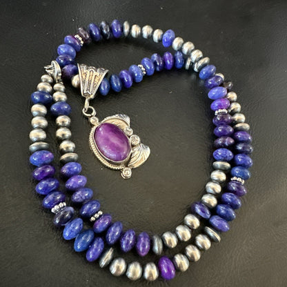 Purple Stone Pendant Navajo Pearls Sterling Silver Necklace 21” 18032