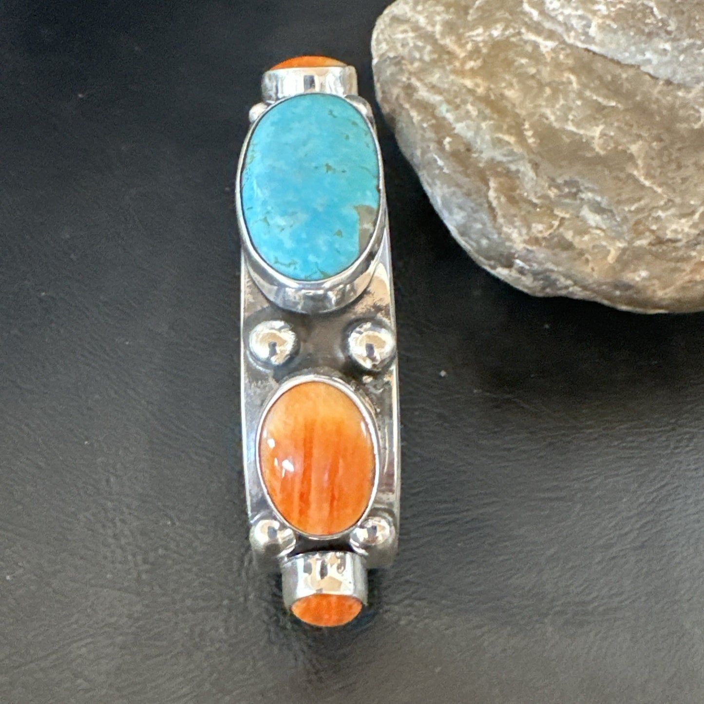 Orange Spiny Turquoise 5 Stone Sterling Silver Navajo Cuff Bracelet 7.7" 19479