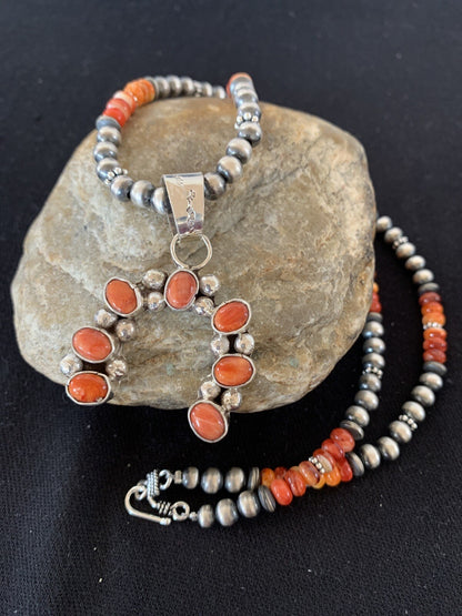 Red Spiny Oyster Naja Pendant Navajo Pearls Sterling Silver Necklace 00284