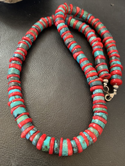 Mens Turquoise & Coral Heishi Navajo Sterling Silver Necklace 22” 14689