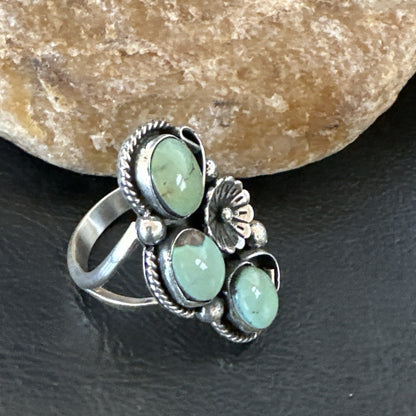 Yazzie Ring Green Turquoise Navajo Sterling Silver Cluster Size 8.5 19214