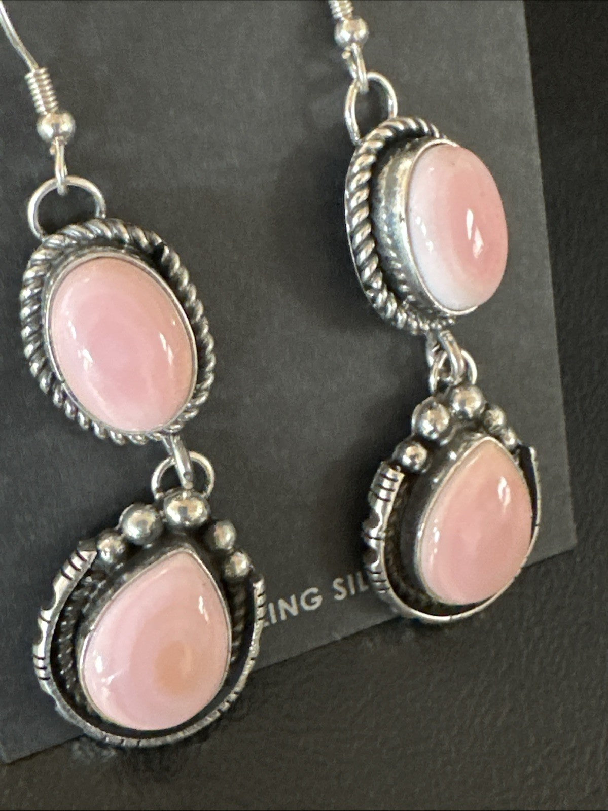 Yazzie Pink Queen Conch Navajo Sterling Silver Dangle Earrings 19320
