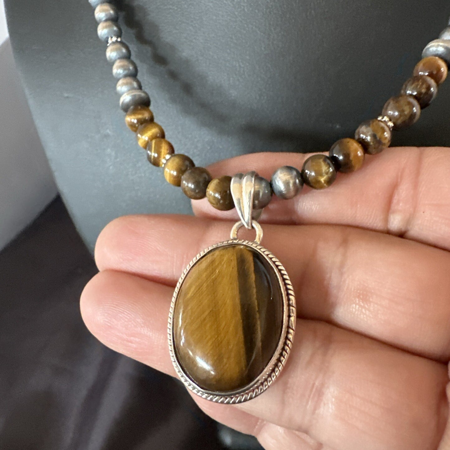 Coffee Brown Tigers Eye Sterling Silver Pendant Necklace Southwestern 18282