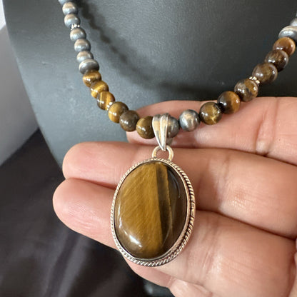 Coffee Brown Tigers Eye Sterling Silver Pendant Necklace Southwestern 18282