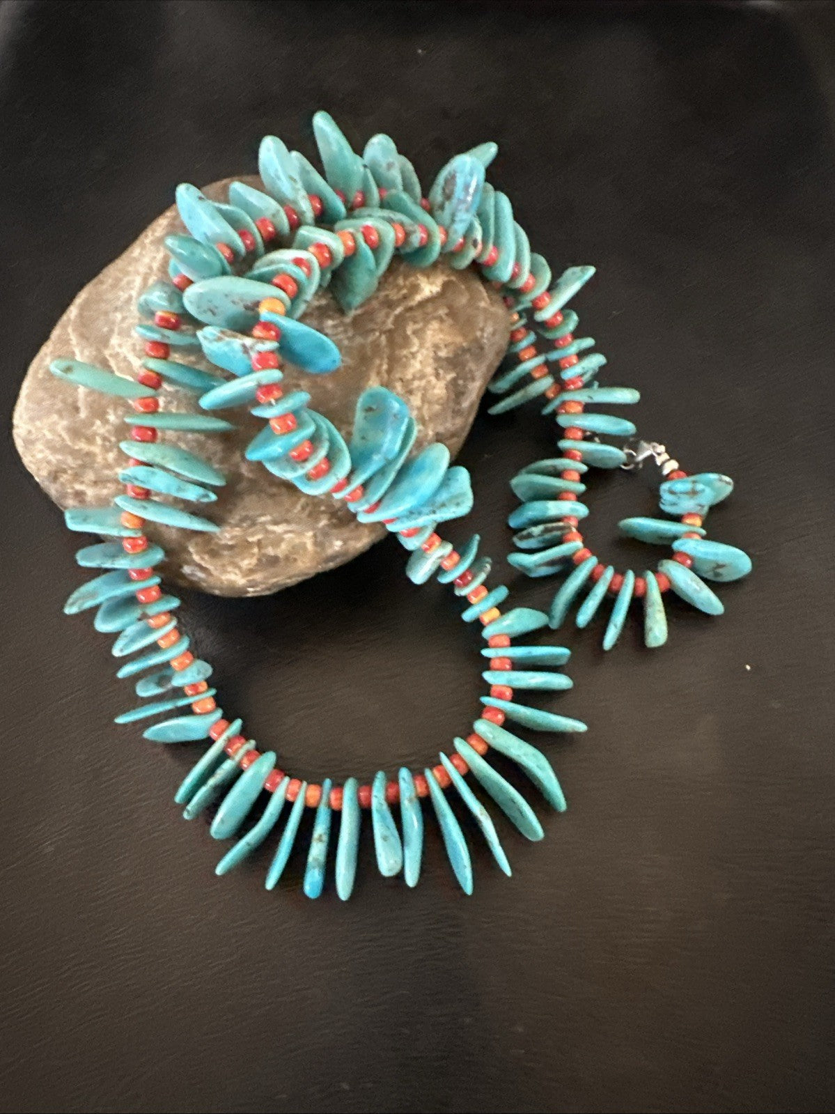 Large Blue Turquoise Red Spiny Navajo Pearls Sterling Silver Necklace 21" 19319