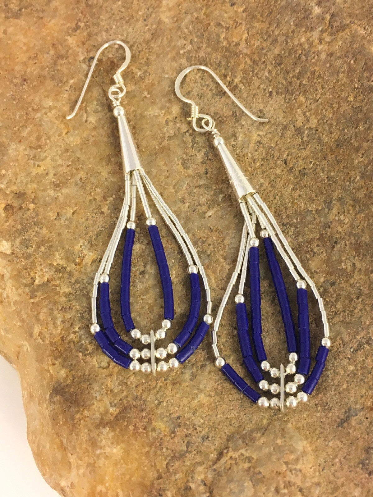 Lapis Lazuli Heishi Tube Liquid Sterling Silver Dangle Earrings 2" 08876