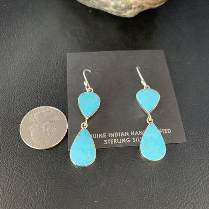 Kingman Turquoise Handmade Navajo Sterling Silver Dangle Earrings 1.75" 13897