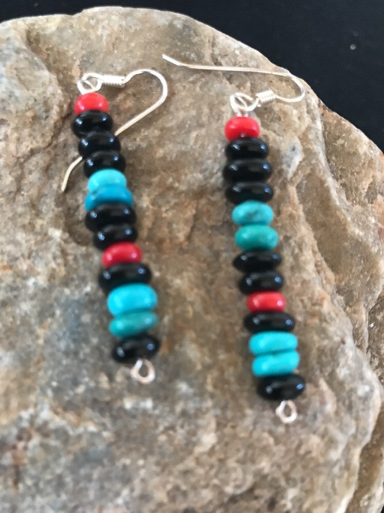 Navajo Sterling Silver Turquoise Black Onyx Coral Earrings 08334