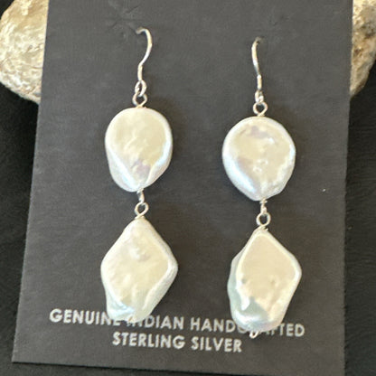 Beautiful White Sterling Silver Freshwater Pearl Dangle Earrings 1.5" 3077