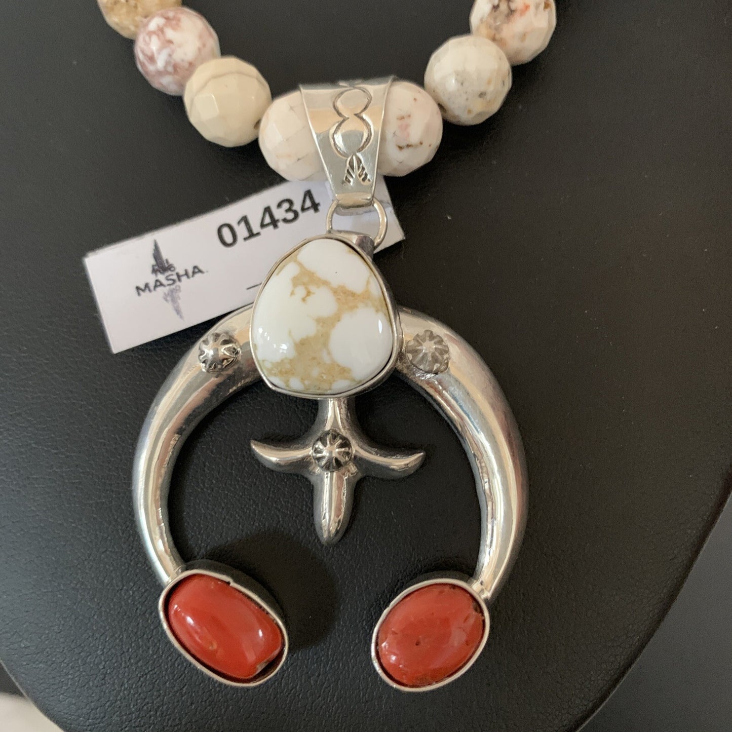 White Buffalo Turquoise Coral Naja Pendant Navajo Sterling Silver Necklace 01434