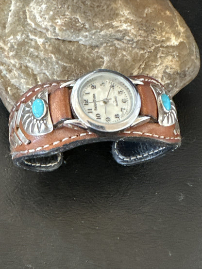 Womens Blue Turquoise Navajo Sterling Silver Cuff Watch Leather Bracelet 17736