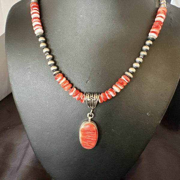 Navajo Pearls Necklace Red Spiny Oyster Pendant 22" | Sterling Silver | Authentic Native American Handmade | 18265