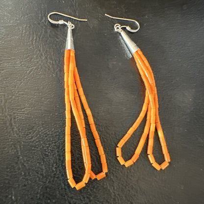 Orange Beads 2 Strands Heishi Liquid Sterling Silver Dangle Earrings 3” 19040