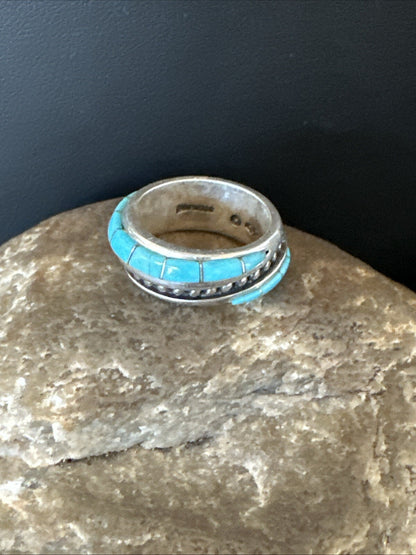 Blue Turquoise Navajo Sterling Silver Inlay Band Ring Size 7 18812