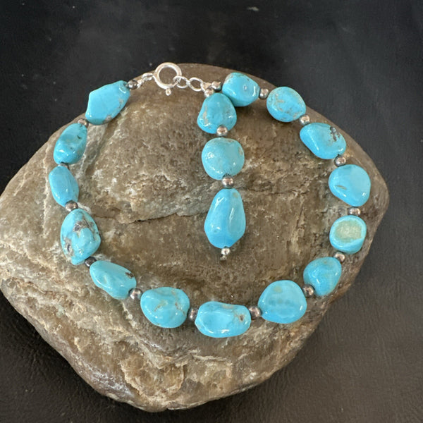 Blue Sleeping Beauty Nugget Turquoise Navajo Bracelet 7.5" | Sterling Silver | Authentic Native American Handmade | 18608