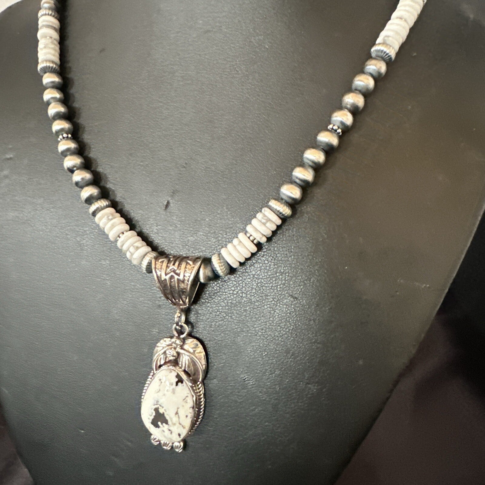 Men Women White Buffalo Turquoise Pendant Navajo Sterling Silver Necklace 17718
