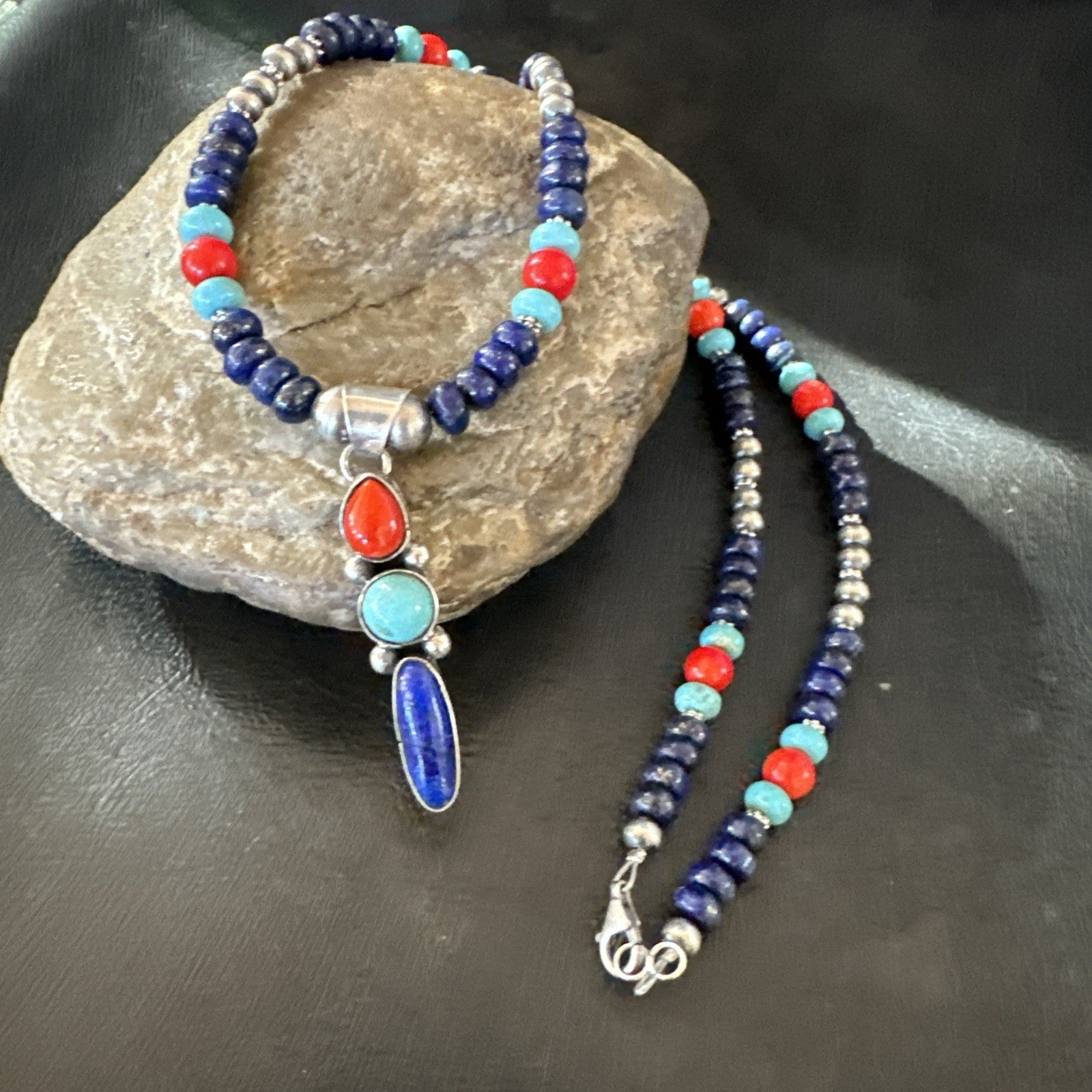 Multicolor Turquoise Spiny Navajo Sterling Silver Cluster Pendant Necklace 19647