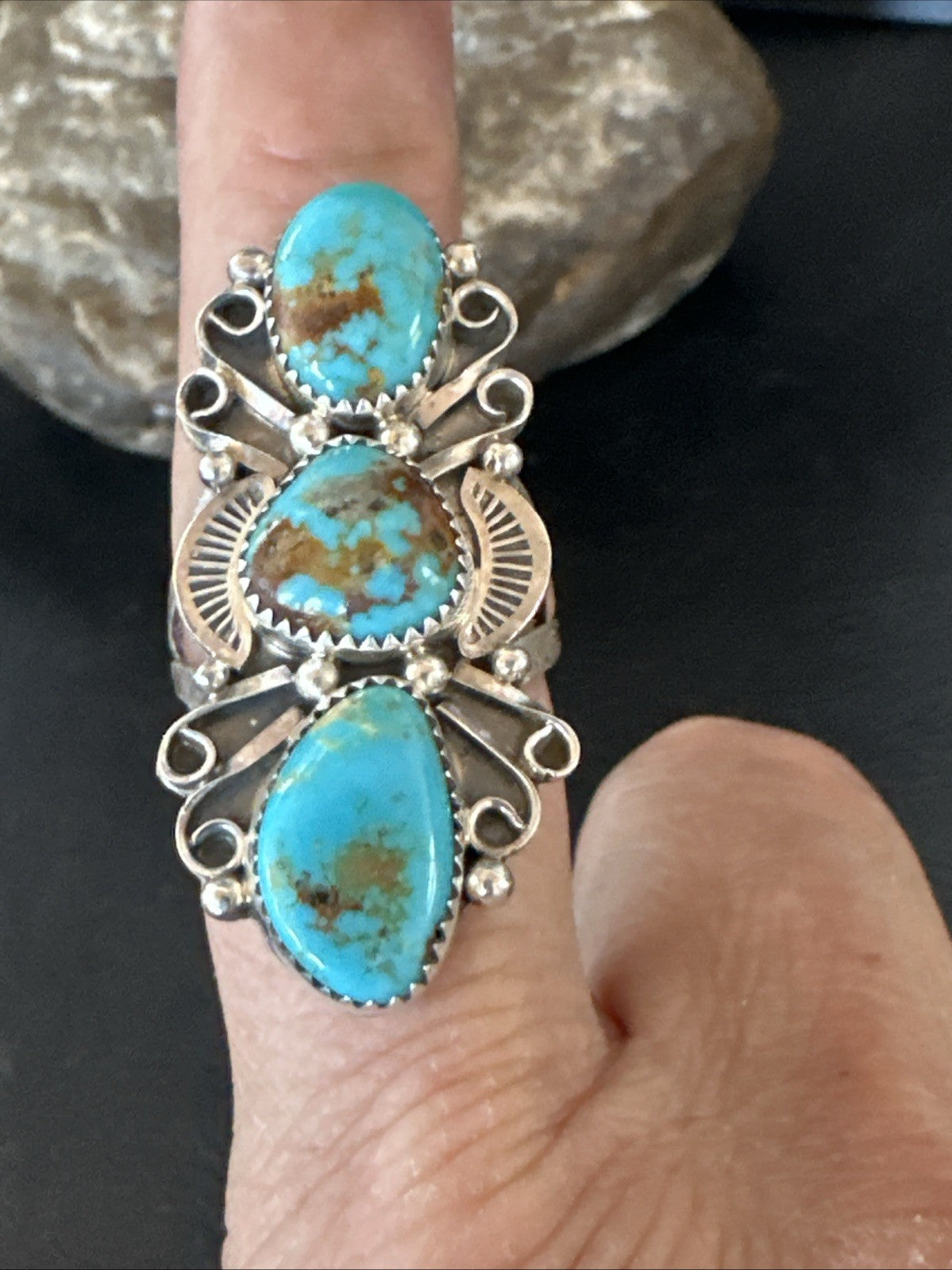 Navajo Blue Kingman Turquoise Ring MultiStone Cluster Sz 8.5 19812