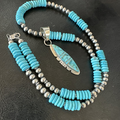 Blue Turquoise Inlay Pendant Navajo Sterling Native American Necklace 20" 19510