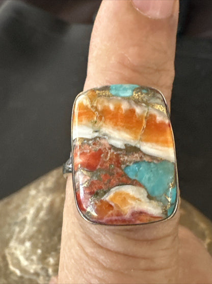 Blue Turquoise Spiny Oyster Southwestern Sterling Silver Ring Size 8 18431