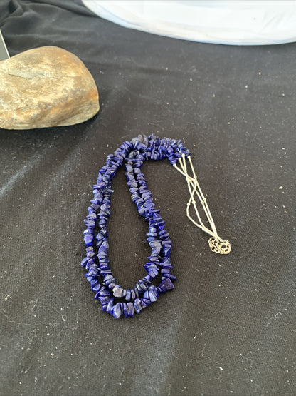 Blue Lapis Bead Liquid Heishi 2 Strands Sterling Silver Tubes Necklace 00853