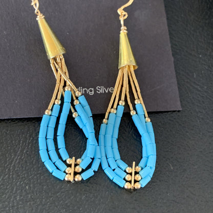 Blue Turquoise Liquid Gold Filled Tubes Dangle Heishi Earrings 2" 13030