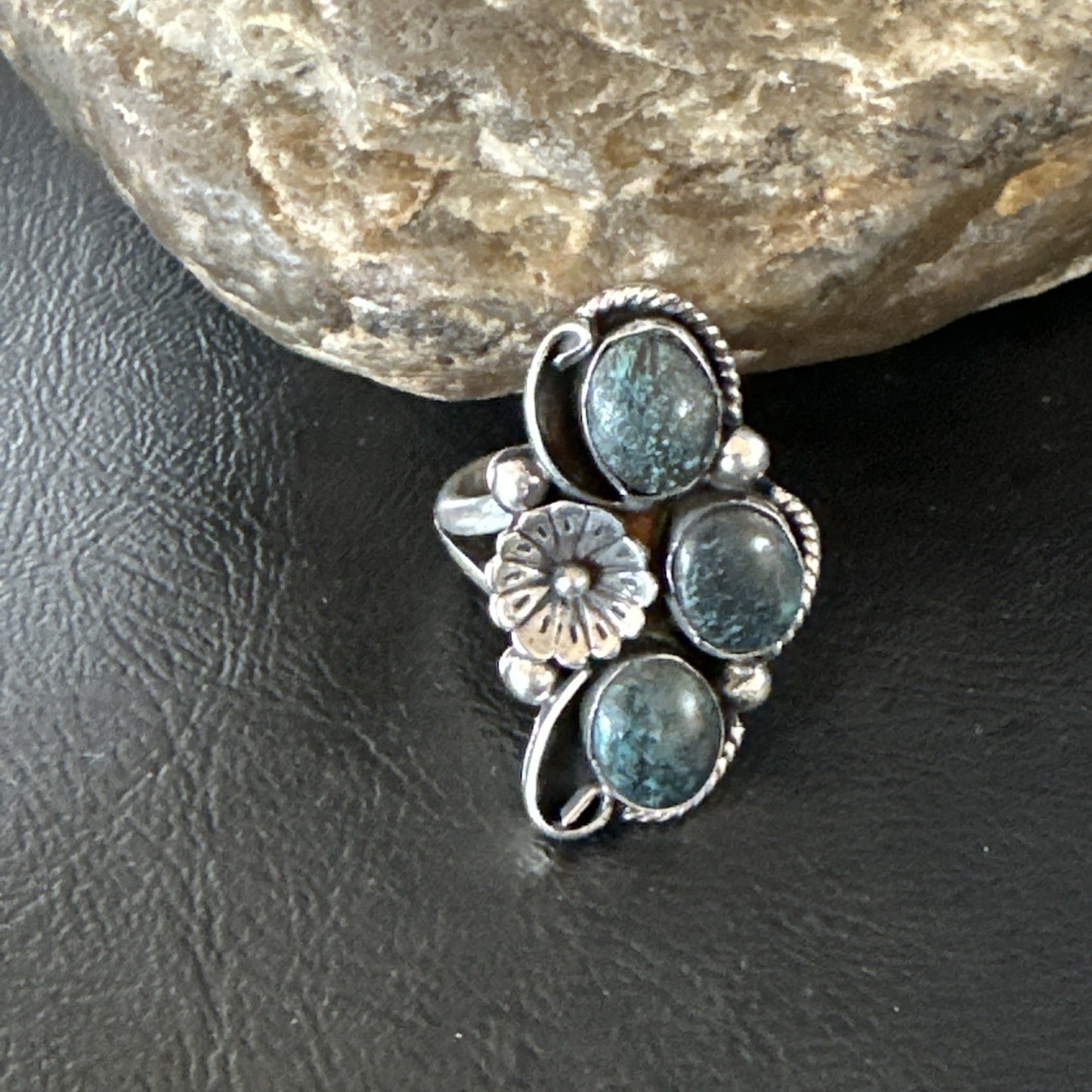 Yazzie Ring Blue Turquoise Navajo Sterling Silver Cluster Size 9.5 19241