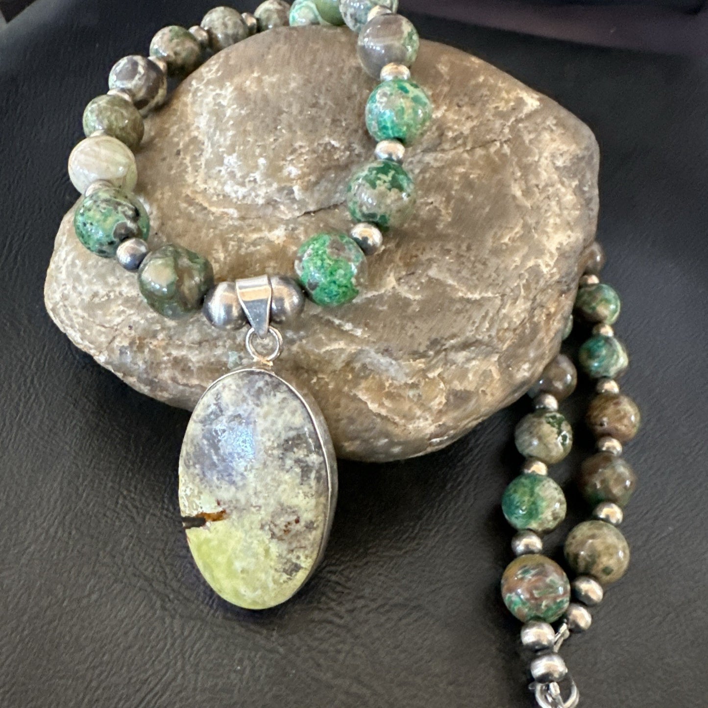 Green Gaspeite Pendant 10mm Turquoise Navajo Sterling Silver Necklace 20" 19679