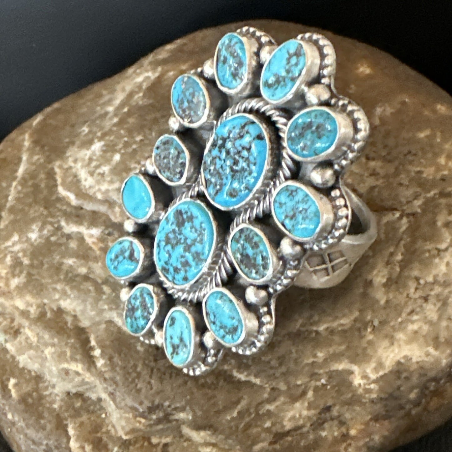 Navajo Cluster Blue Kingman Turquoise Sterling Silver Adjustable Ring Sz 7 18794