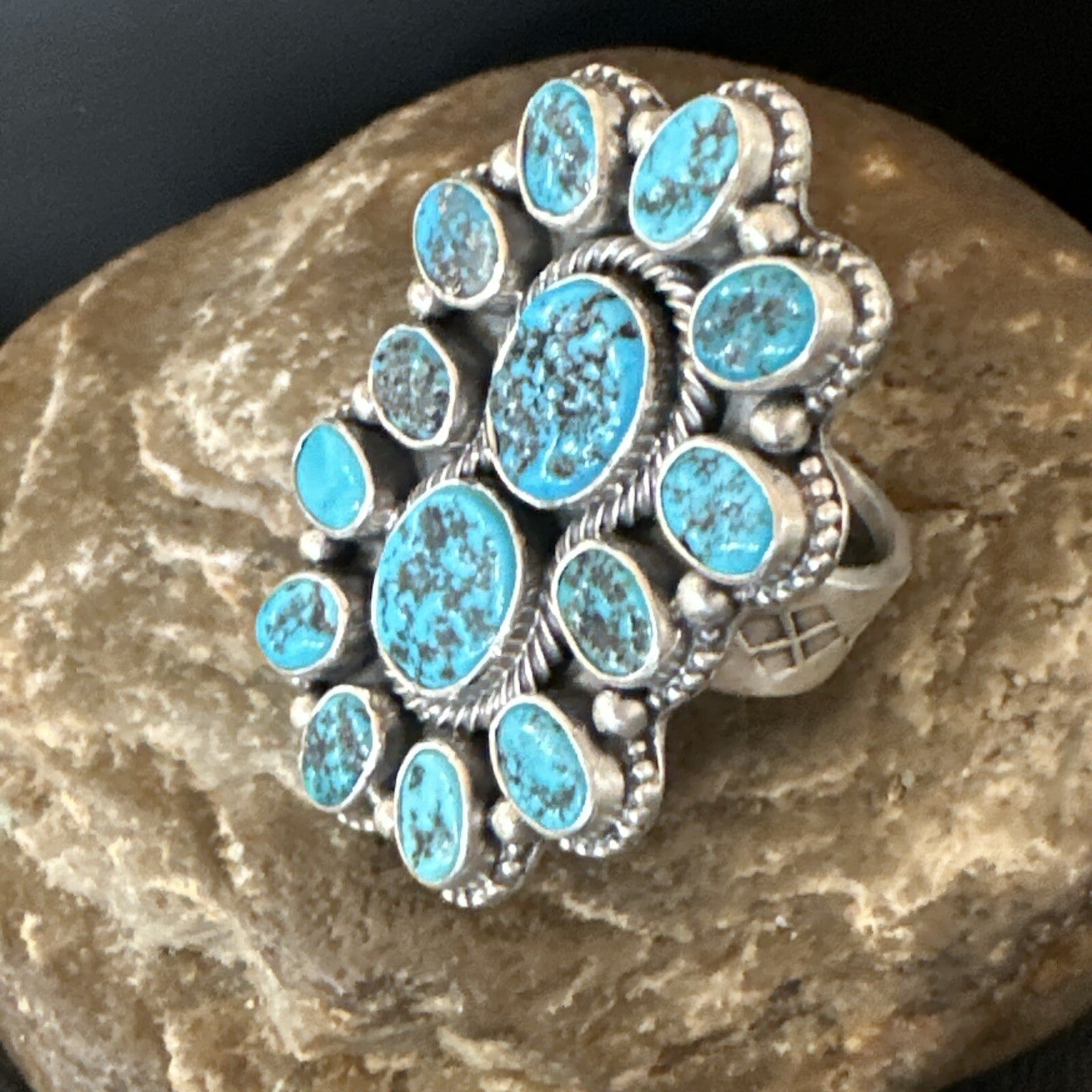 Navajo Cluster Blue Kingman Turquoise Sterling Silver Adjustable Ring Sz 7 18794