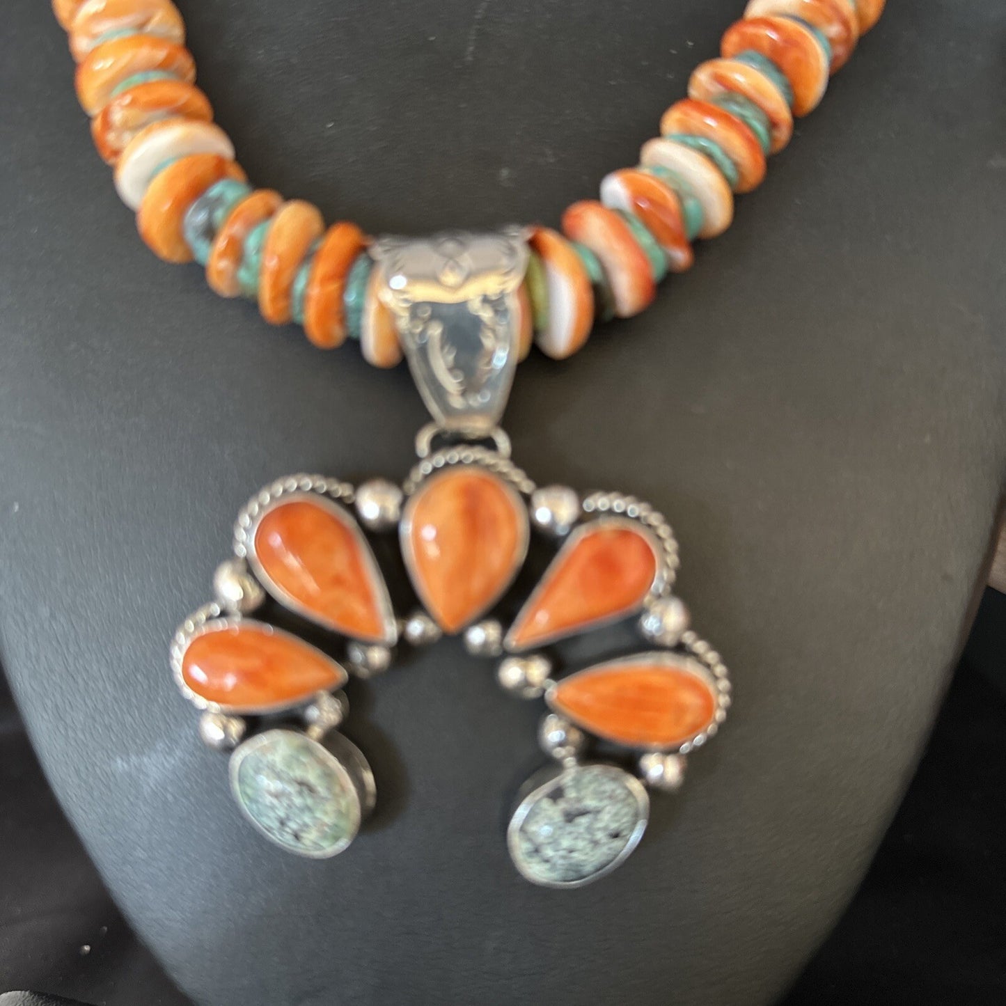Spiderweb Turquoise & Spiny Oyster Naja Pendant Sterling Silver Necklace 14235