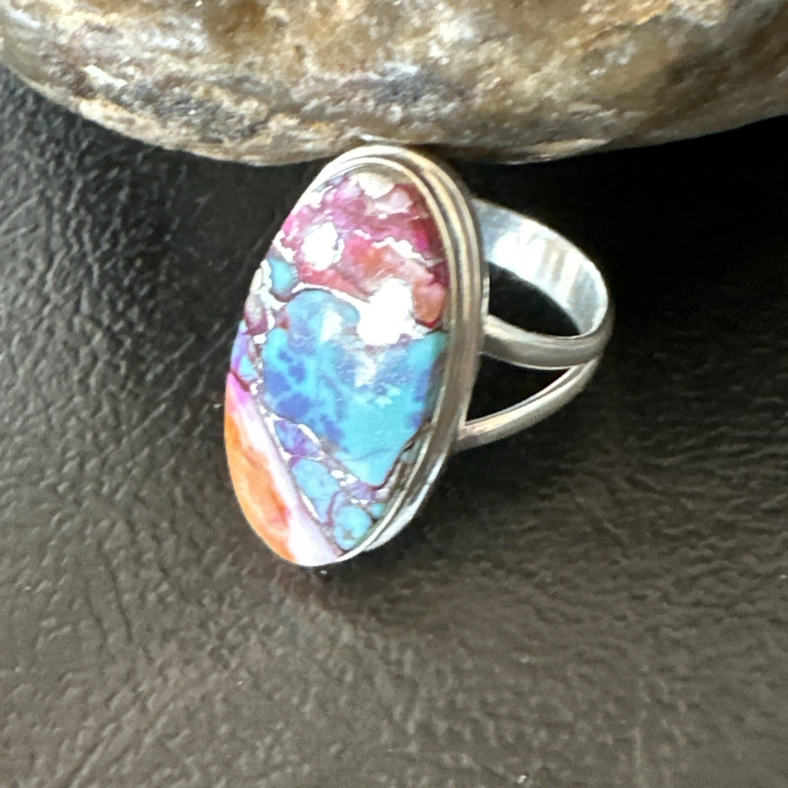 Blue Turquoise Spiny Oyster Southwestern Sterling Silver Ring Size 7 18496