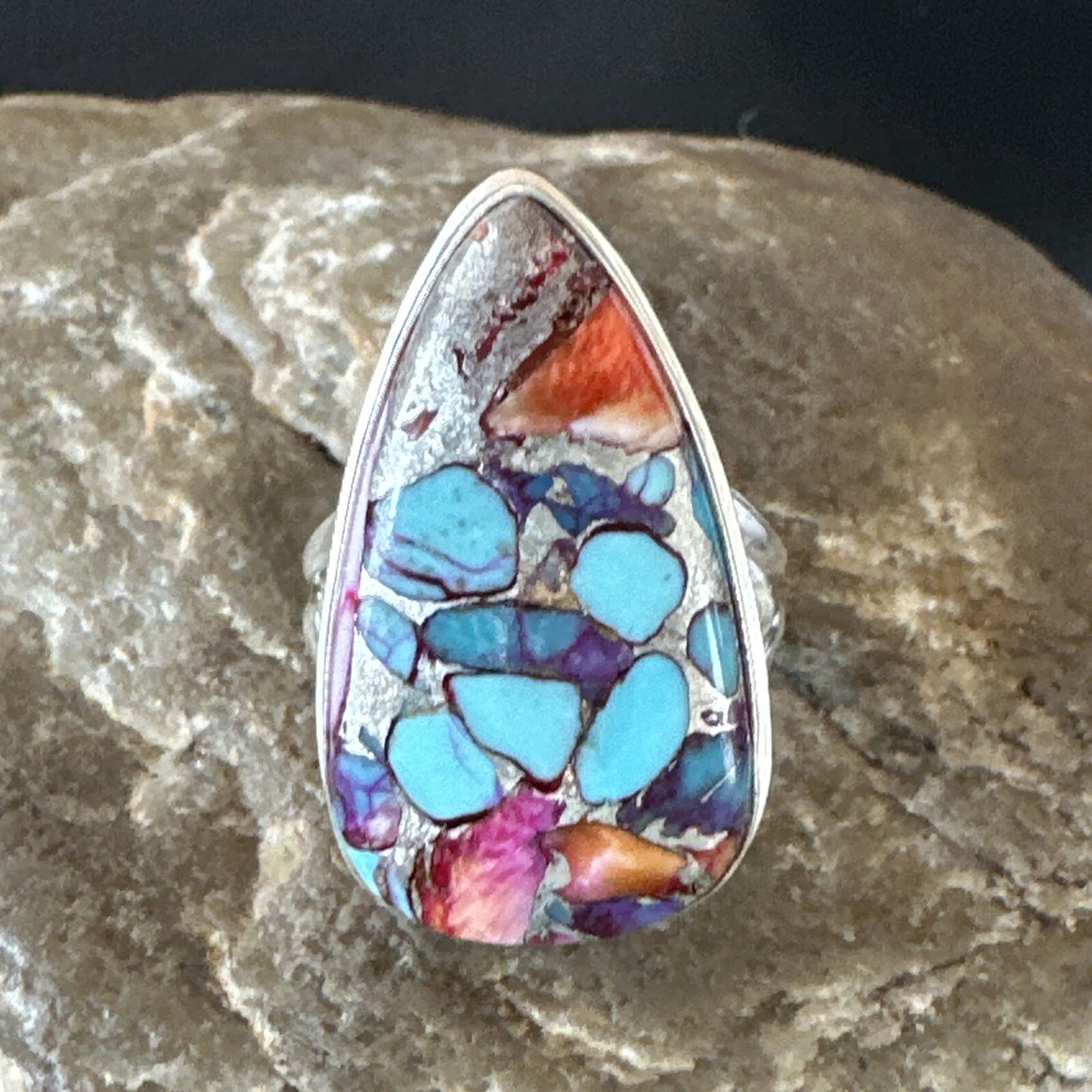 Blue Turquoise Spiny Oyster Navajo Sterling Silver Ring Size 7 18226