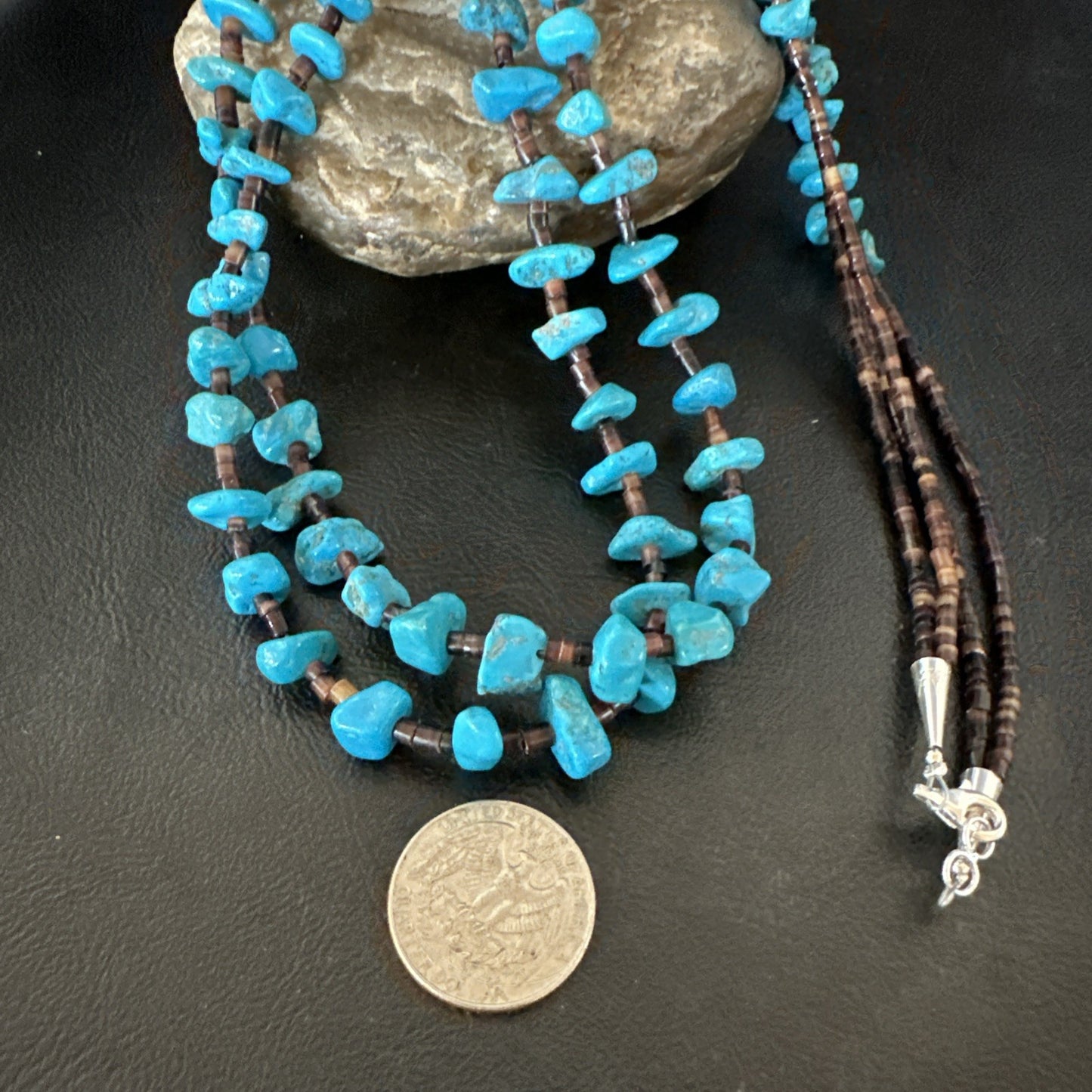 Santo Domingo Kingman Turquoise Heishi Sterling Silver Bead 30” Necklace 19553