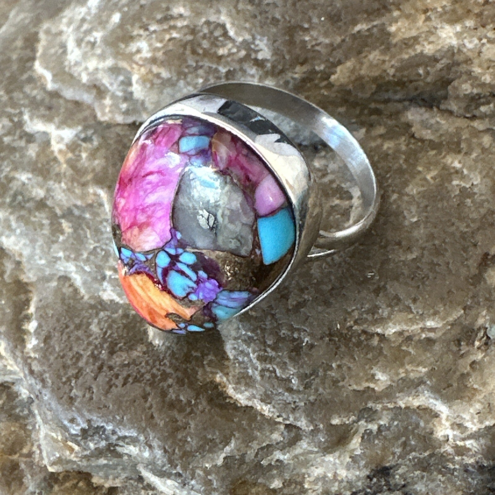 Blue Turquoise Spiny Oyster Southwestern Sterling Silver Ring Size 6 18471