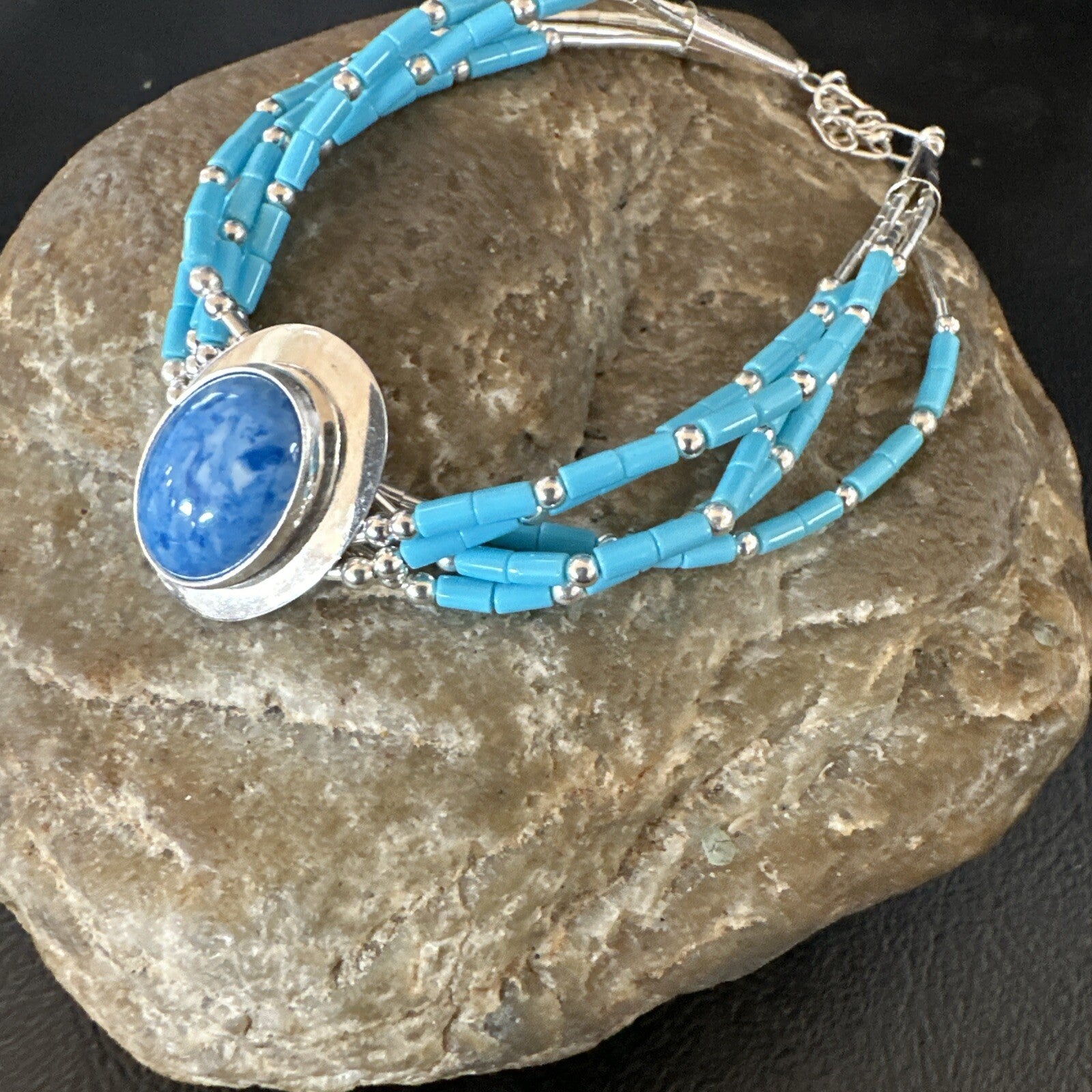 Blue Turquoise Lapis Heishi 5S Pendant Liquid Sterling Silver Bracelet 8" 17753