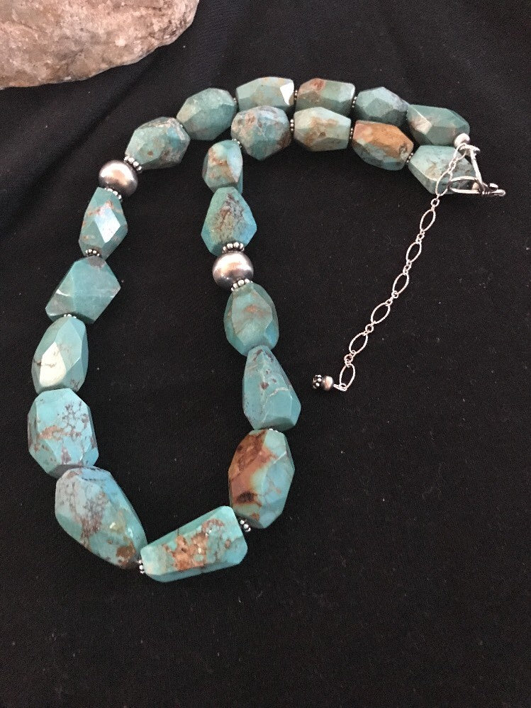 Turquoise Chunky Bead Faceted Navajo Sterling Silver Beads Necklace 03367