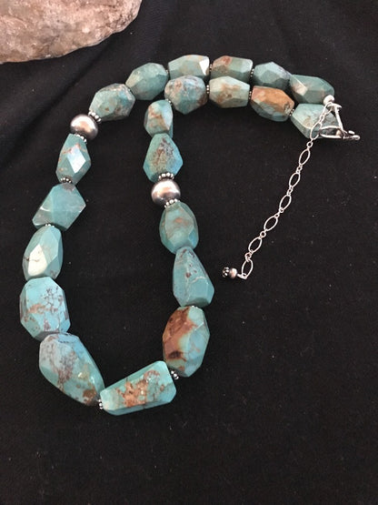 Turquoise Chunky Bead Faceted Navajo Sterling Silver Beads Necklace 03367