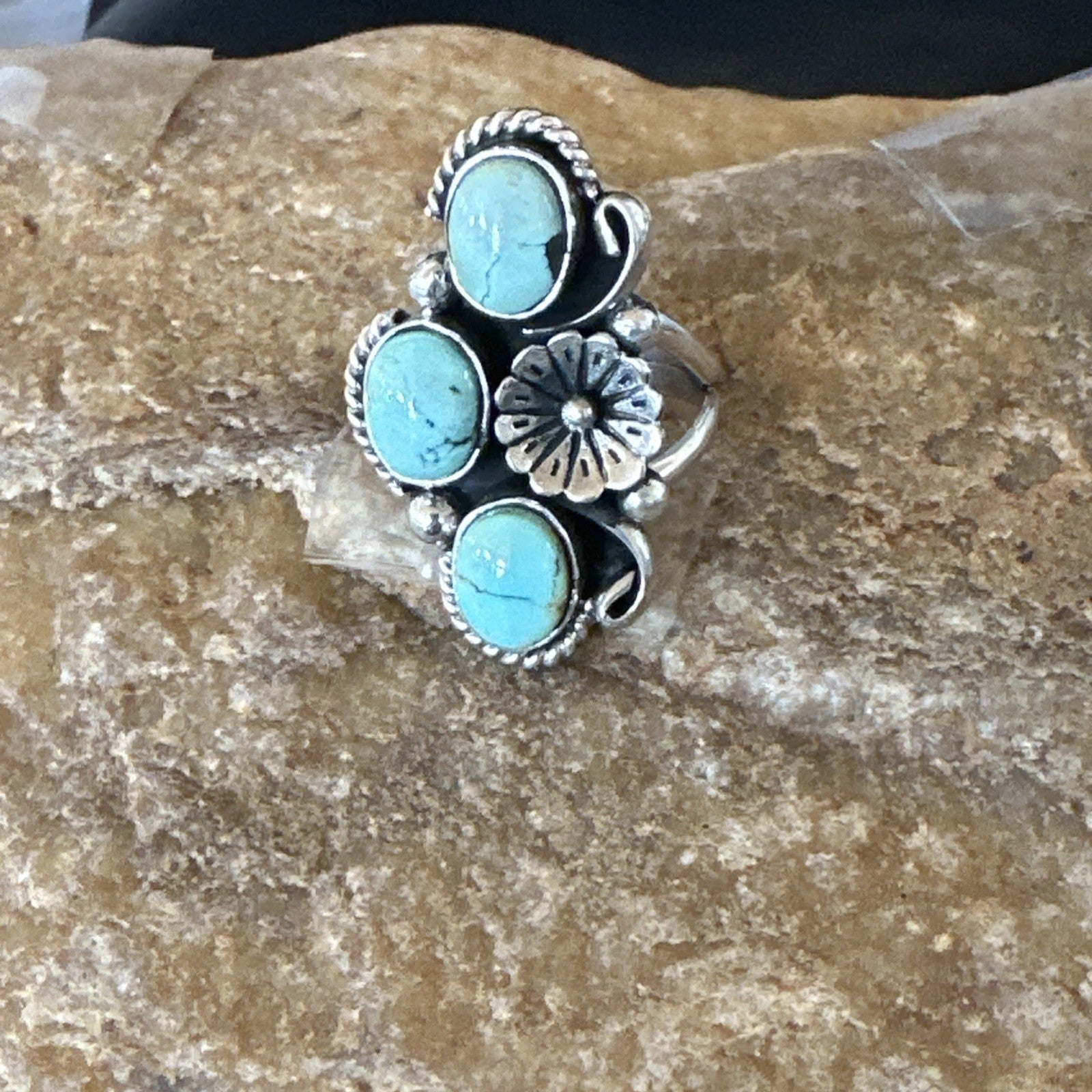 Yazzie Ring Blue Turquoise Navajo Sterling Silver Cluster Size 8 19220