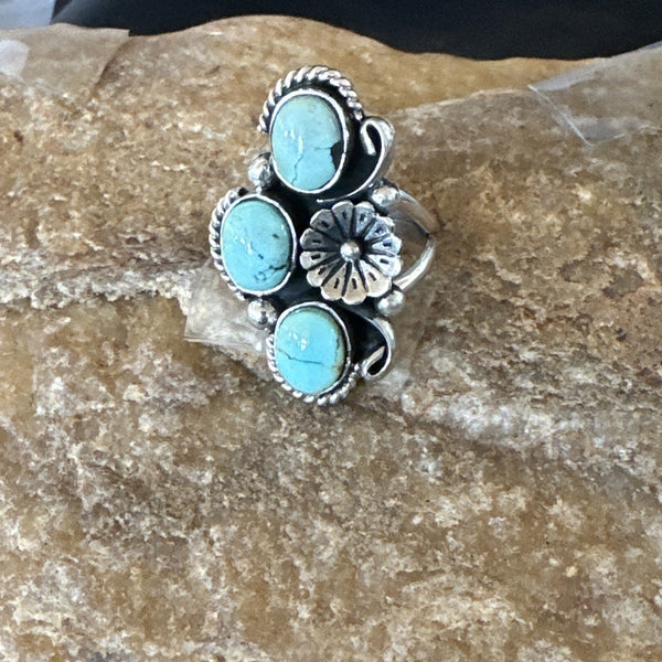Yazzie Ring Blue Turquoise Navajo Cluster Size 8 | Sterling Silver | Authentic Native American Handmade | 19220